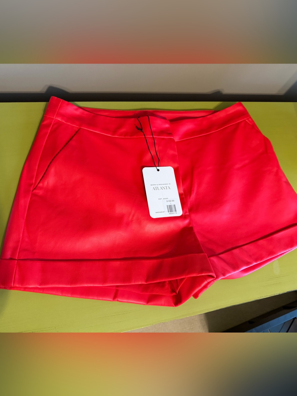 Sedge Atlanta Collection High-Rise Hot Red Faux Leather Shorts